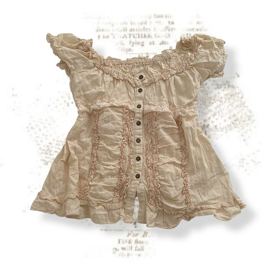 peachy beige cottage ruched puff sleeve button babydoll blouse