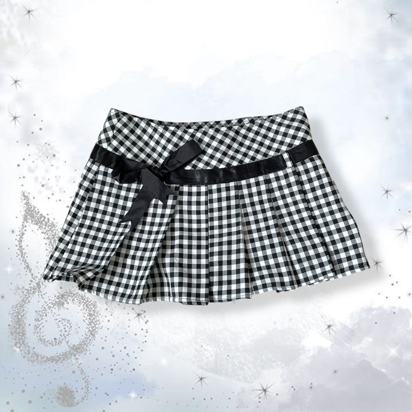 preppy ring black white gingham check print pleated mini skirt with waist ribbon