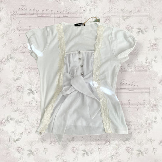 plage palais white short sleeve ribbon bow milkmaid blouse