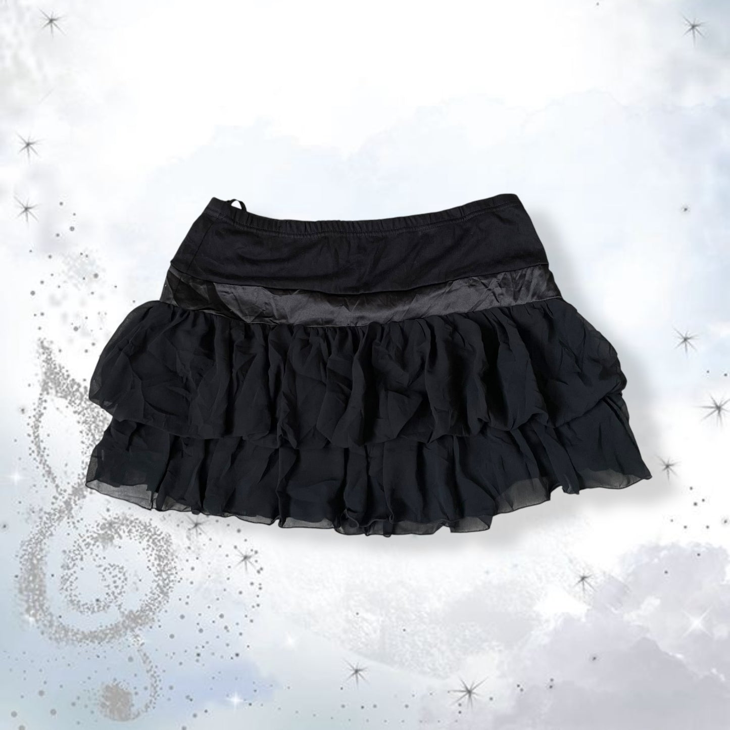 coquette balletcore black ruffle tiered mini skirt with satin waist ribbon detail