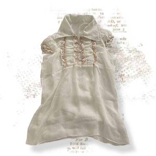 dainty balletcore white sheer puff sleeve beige embroidery lace ruched bust blouse
