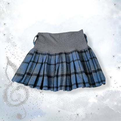 vintage grey blue drop waist pleated wool plaid print mini skirt