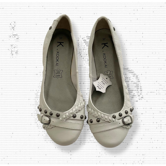 kookai coquette white buckle studded faux leather ballerina flats