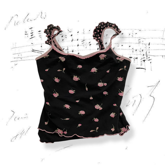 onyx black floral print pink picot trim camisole