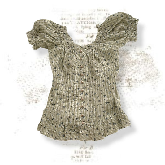 vintage cottage apple sage green blue floral puff sleeve corset blouse top