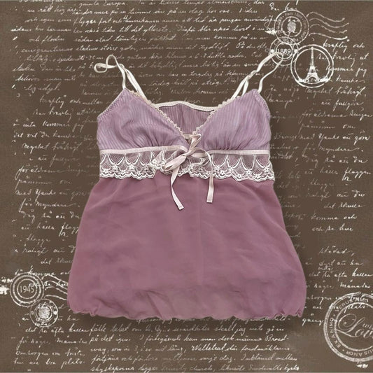 purple pink amphi babydoll camisole with white lacey ruffle detail