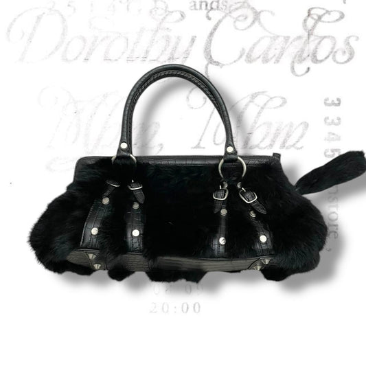 ined black fluffy rabbit fur x leather shoulder bag