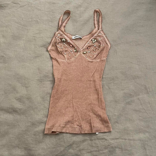 kor@kor peachy pink brown boho camisole with beading and floral applique