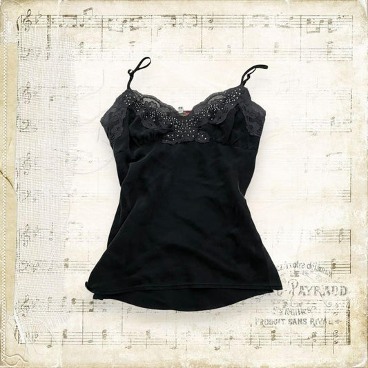 vintage etam silk navy grey camisole with lace trim and diamante detail