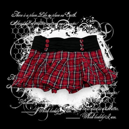 preppy coquette pleated black red plaid check mini skirt with button detail