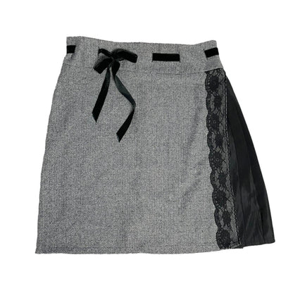 mezzo grey a line midi skirt with black ribbon bow detail and lace trim accent