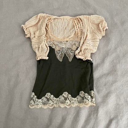 khaki lacey butterfly cut out camisole x beige crochet knit crop cardigan two piece set