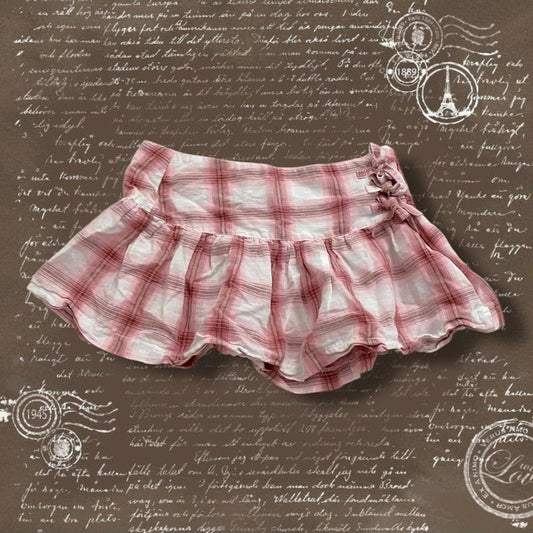 preppy pink white check mads drop waist mini skirt with cute triple ribbon bow detail