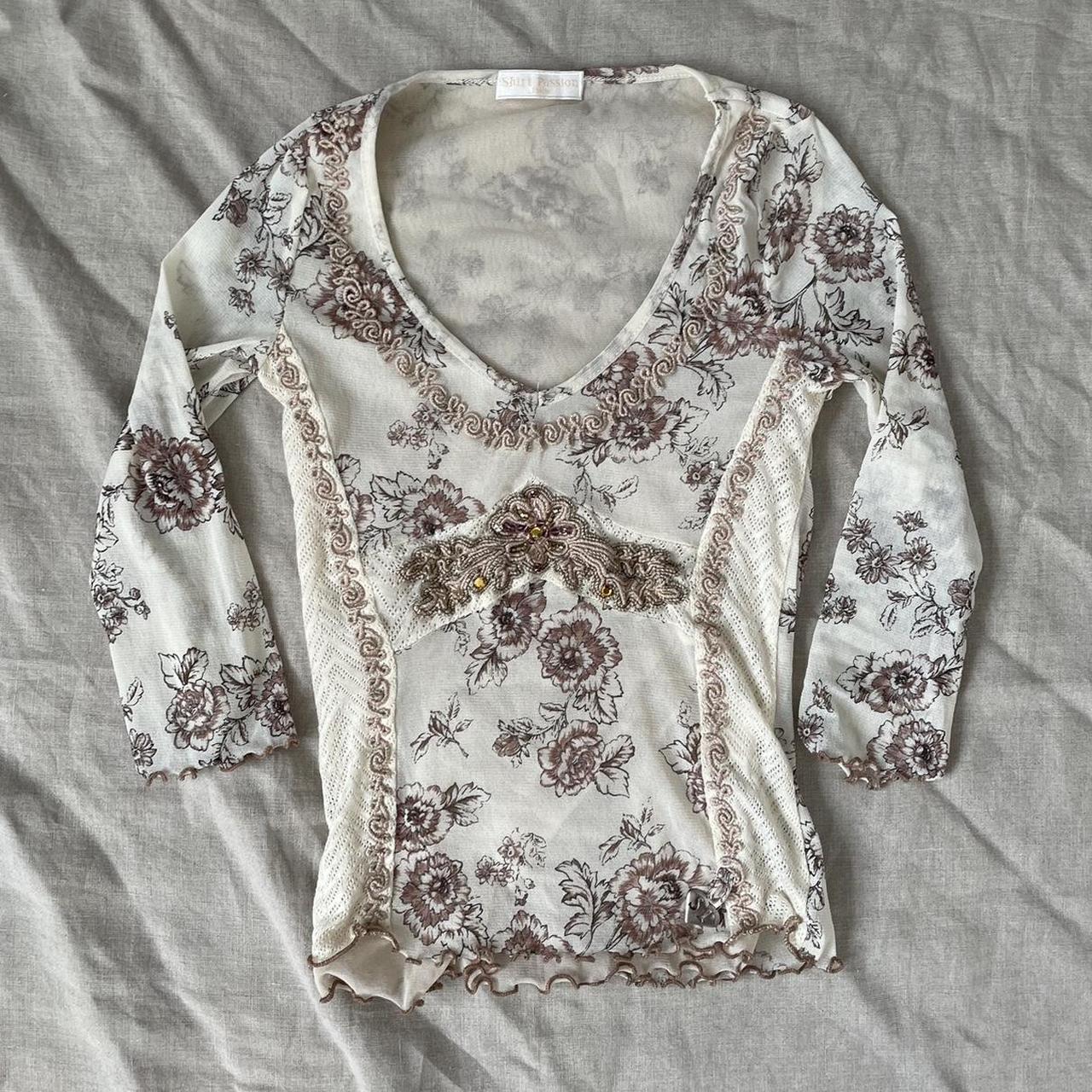 shirt passion boho paisley white brown floral print shirt with cute heart charm