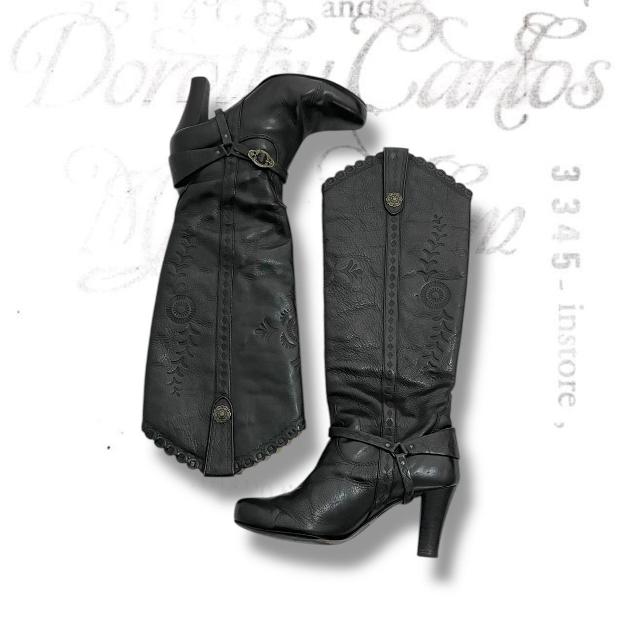 black leather sacha ornamental embossed knee length boots