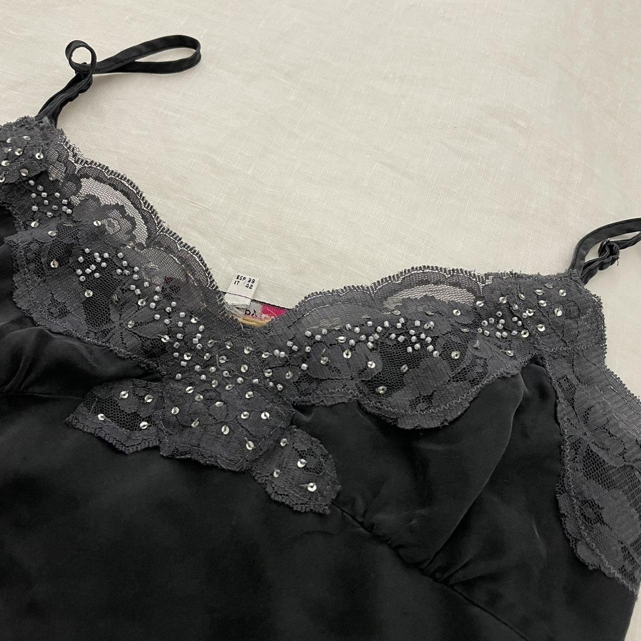 vintage etam silk navy grey camisole with lace trim and diamante detail