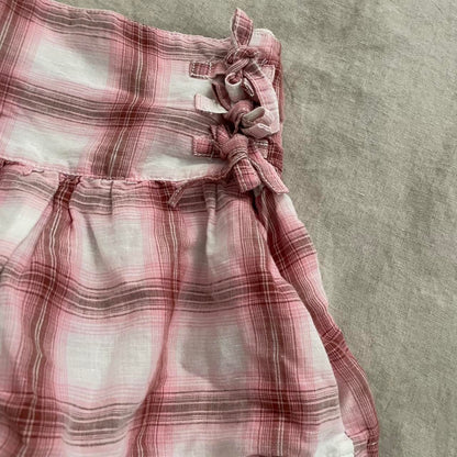 preppy pink white check mads drop waist mini skirt with cute triple ribbon bow detail