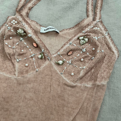 kor@kor peachy pink brown boho camisole with beading and floral applique