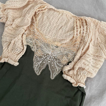 khaki lacey butterfly cut out camisole x beige crochet knit crop cardigan two piece set