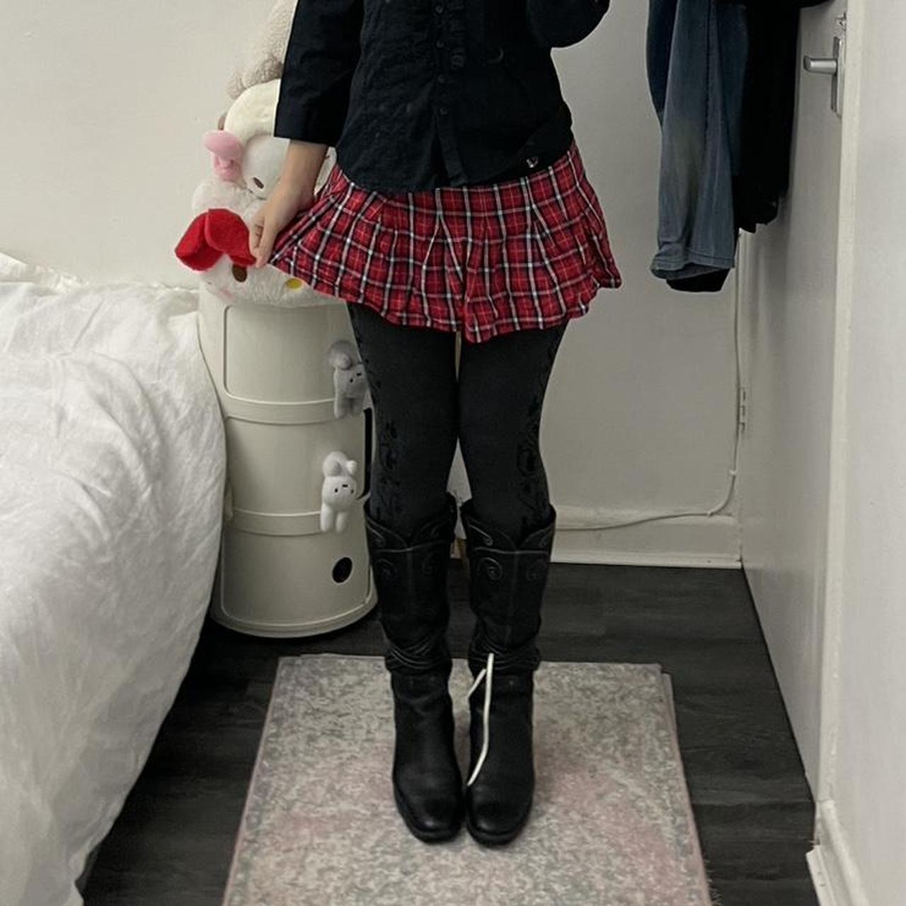 preppy coquette pleated black red plaid check mini skirt with button detail