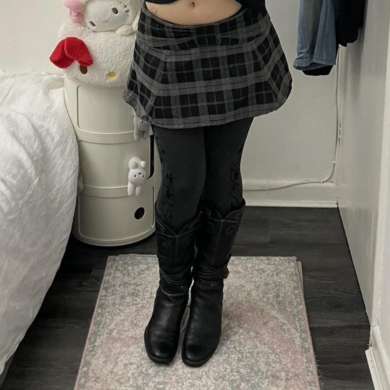 vintage grey black checkered plaid preppy mini skirt with bow detail