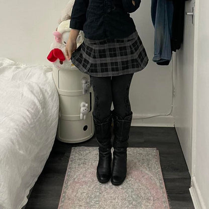 vintage grey black checkered plaid preppy mini skirt with bow detail